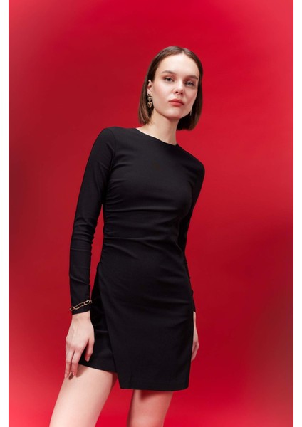 Bisiklet Yaka Uzun Kollu Mini Elbise