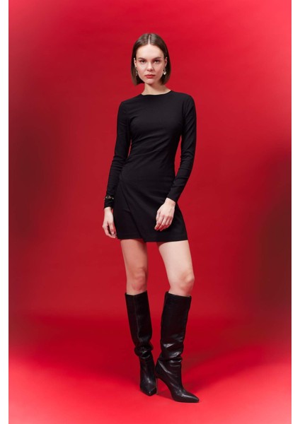 Bisiklet Yaka Uzun Kollu Mini Elbise