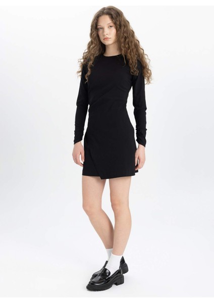 Bisiklet Yaka Uzun Kollu Mini Elbise