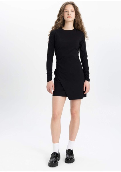 Bisiklet Yaka Uzun Kollu Mini Elbise