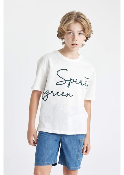 Erkek Çocuk Oversize Geniş Kalıp Bisiklet Yaka Nakışlı Kısa Kollu Tişört C5084A824HS