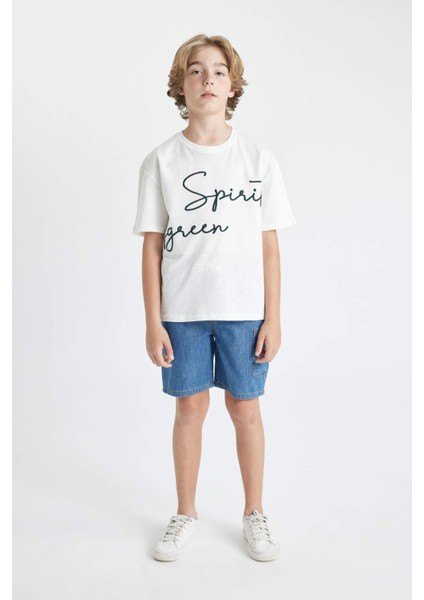 Erkek Çocuk Oversize Geniş Kalıp Bisiklet Yaka Nakışlı Kısa Kollu Tişört C5084A824HS