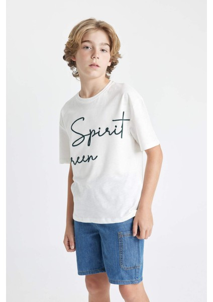 Erkek Çocuk Oversize Geniş Kalıp Bisiklet Yaka Nakışlı Kısa Kollu Tişört C5084A824HS