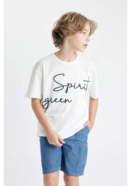 Erkek Çocuk Oversize Geniş Kalıp Bisiklet Yaka Nakışlı Kısa Kollu Tişört C5084A824HS