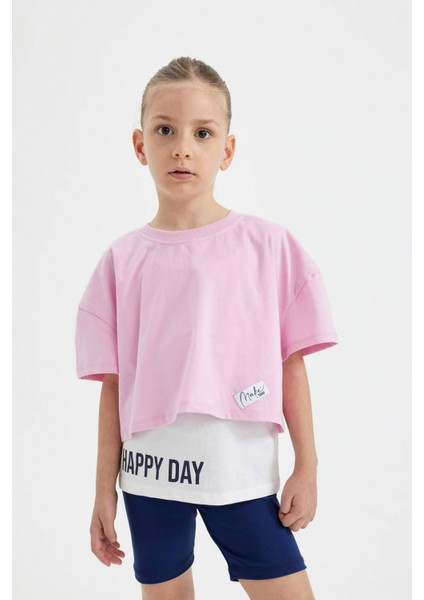 Kız Çocuk 2'li Takım Oversize Geniş Kalıp Bisiklet Yaka Baskılı Kısa Kollu Tişört Askılı Atlet