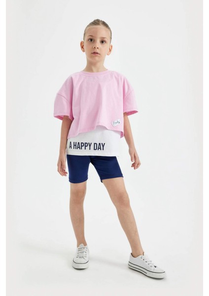 Kız Çocuk 2'li Takım Oversize Geniş Kalıp Bisiklet Yaka Baskılı Kısa Kollu Tişört Askılı Atlet