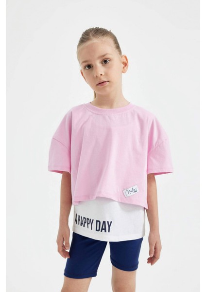 Kız Çocuk 2'li Takım Oversize Geniş Kalıp Bisiklet Yaka Baskılı Kısa Kollu Tişört Askılı Atlet