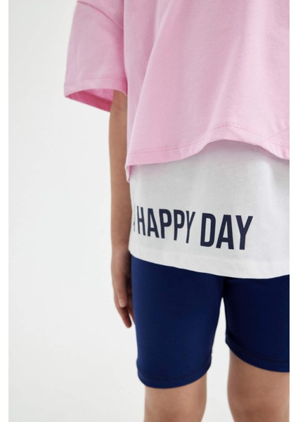 Kız Çocuk 2'li Takım Oversize Geniş Kalıp Bisiklet Yaka Baskılı Kısa Kollu Tişört Askılı Atlet