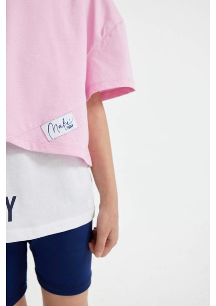 Kız Çocuk 2'li Takım Oversize Geniş Kalıp Bisiklet Yaka Baskılı Kısa Kollu Tişört Askılı Atlet