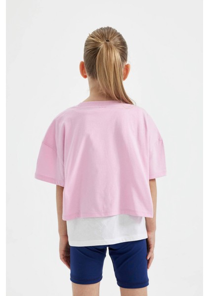 Kız Çocuk 2'li Takım Oversize Geniş Kalıp Bisiklet Yaka Baskılı Kısa Kollu Tişört Askılı Atlet