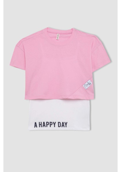 Kız Çocuk 2'li Takım Oversize Geniş Kalıp Bisiklet Yaka Baskılı Kısa Kollu Tişört Askılı Atlet