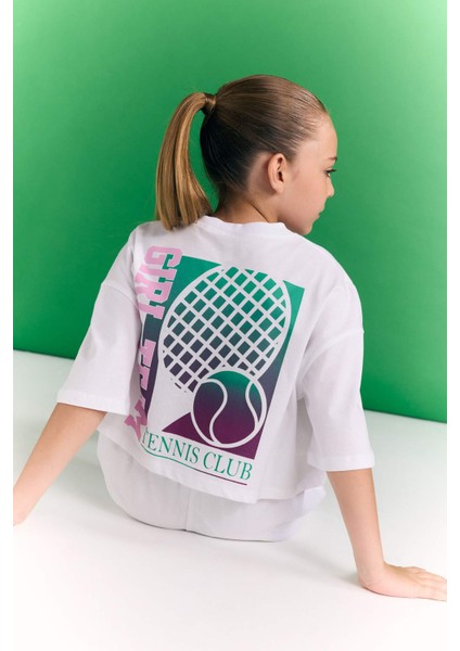 Kız Çocuk Bisiklet Yaka Baskılı Kısa Kollu Crop Tişört C4724A824SM