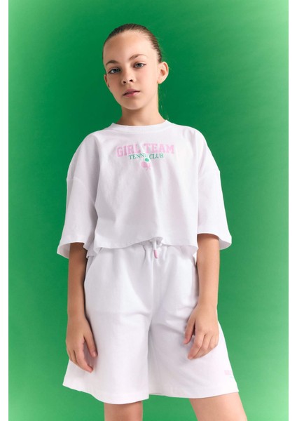 Kız Çocuk Bisiklet Yaka Baskılı Kısa Kollu Crop Tişört C4724A824SM