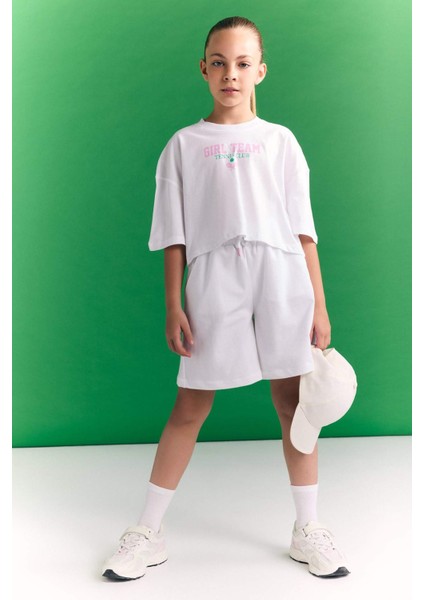 Kız Çocuk Bisiklet Yaka Baskılı Kısa Kollu Crop Tişört C4724A824SM