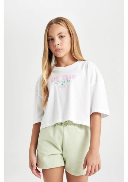 Kız Çocuk Bisiklet Yaka Baskılı Kısa Kollu Crop Tişört C4724A824SM