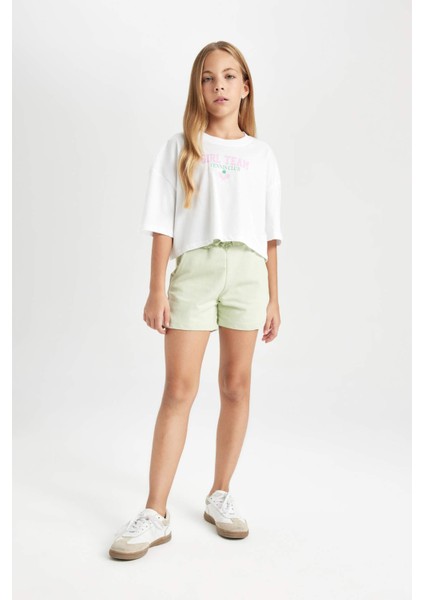 Kız Çocuk Bisiklet Yaka Baskılı Kısa Kollu Crop Tişört C4724A824SM