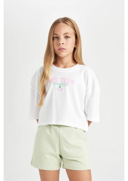 Kız Çocuk Bisiklet Yaka Baskılı Kısa Kollu Crop Tişört C4724A824SM