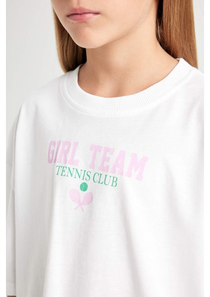 Kız Çocuk Bisiklet Yaka Baskılı Kısa Kollu Crop Tişört C4724A824SM