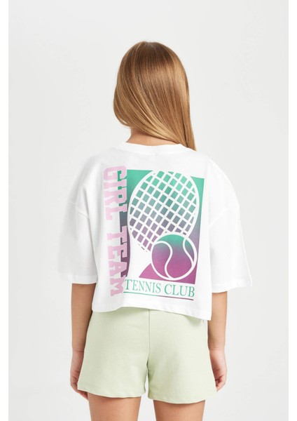 Kız Çocuk Bisiklet Yaka Baskılı Kısa Kollu Crop Tişört C4724A824SM