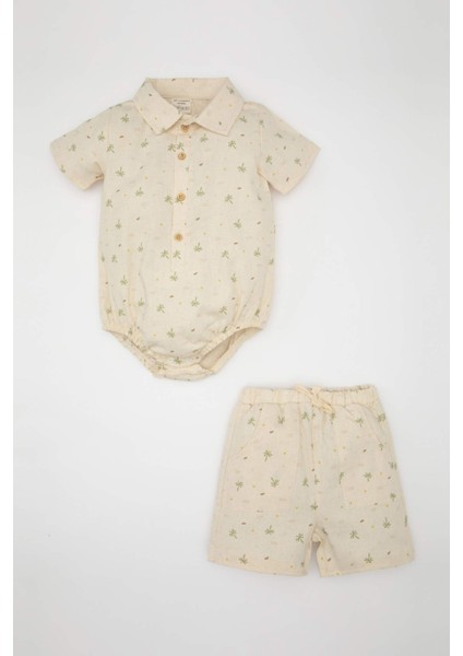 Erkek Bebek 2'li Takım Müslin Palmiye Desenli Kısa Kollu Çıtçıtlı Zıbın Şort C5186A524SM
