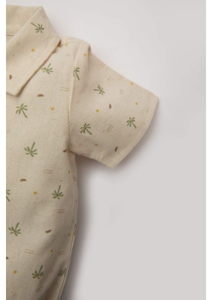 Erkek Bebek 2'li Takım Müslin Palmiye Desenli Kısa Kollu Çıtçıtlı Zıbın Şort C5186A524SM