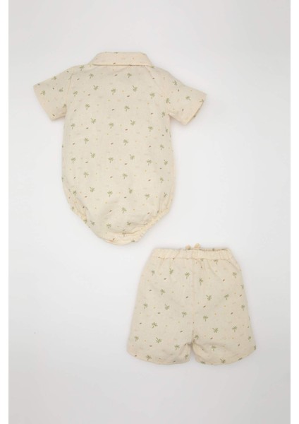 Erkek Bebek 2'li Takım Müslin Palmiye Desenli Kısa Kollu Çıtçıtlı Zıbın Şort C5186A524SM