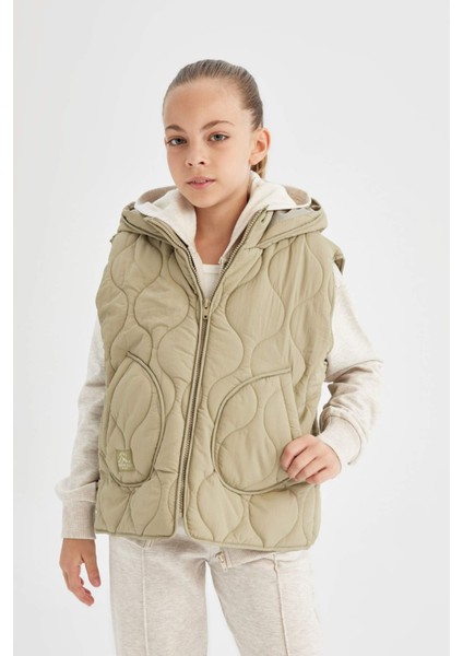 Kız Çocuk Su Geçirmez Kapüşonlu Cep Detaylı Kapitone Şişme Yelek C4974A824AU