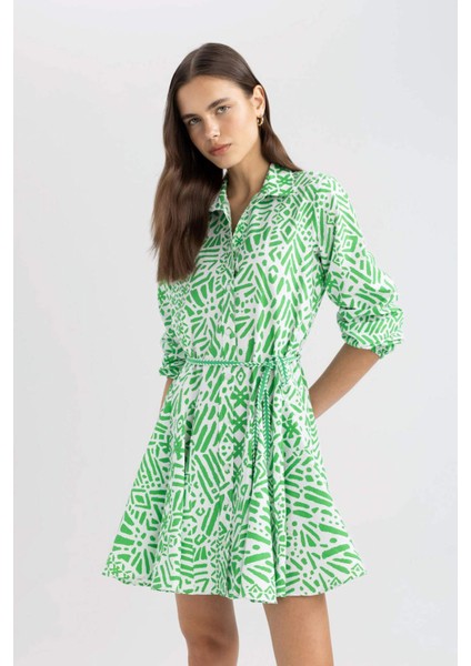 Gömlek Yaka Desenli Uzun Kollu Poplin Mini Elbise Z7469AZ24SP