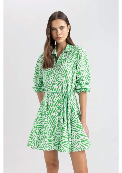 Gömlek Yaka Desenli Uzun Kollu Poplin Mini Elbise Z7469AZ24SP