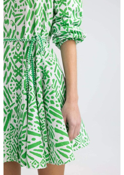 Gömlek Yaka Desenli Uzun Kollu Poplin Mini Elbise Z7469AZ24SP