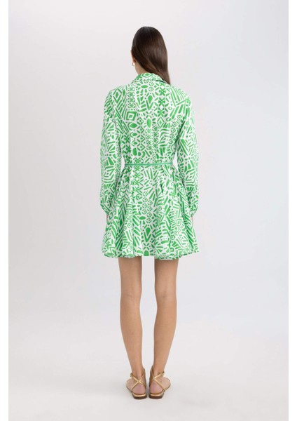 Gömlek Yaka Desenli Uzun Kollu Poplin Mini Elbise Z7469AZ24SP