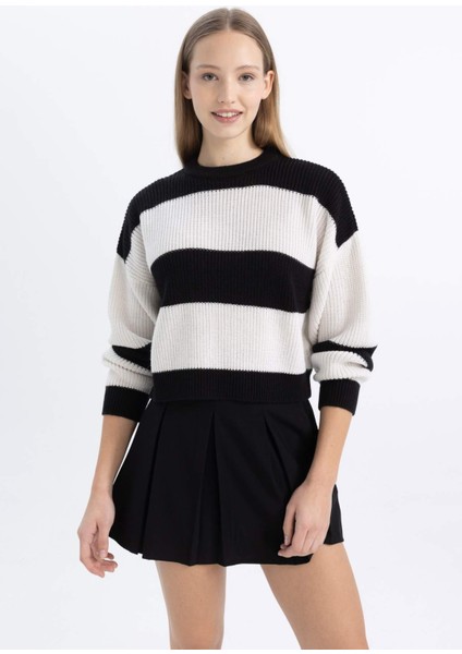 Oversize Geniş Kalıp Bisiklet Yaka Çizgili Triko Kazak X4931AZ24WN