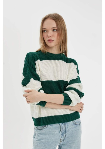 Oversize Geniş Kalıp Bisiklet Yaka Çizgili Triko Kazak X4931AZ24WN