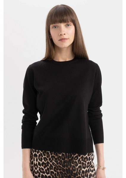 Siyah Regular Fit Yumuşak Dokulu Bisiklet Yaka Basic Düz Triko Kazak C0058AX24WN