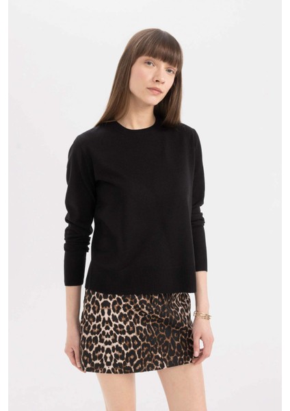 Siyah Regular Fit Yumuşak Dokulu Bisiklet Yaka Basic Düz Triko Kazak C0058AX24WN