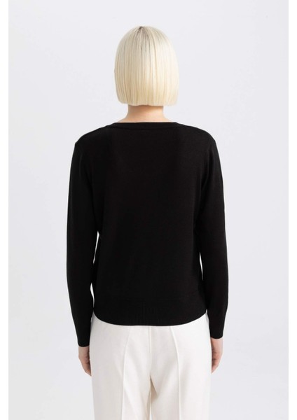 Relax Fit Yumuşak Dokulu V Yaka Basic Düz Siyah Triko Kazak C4024AX24WN