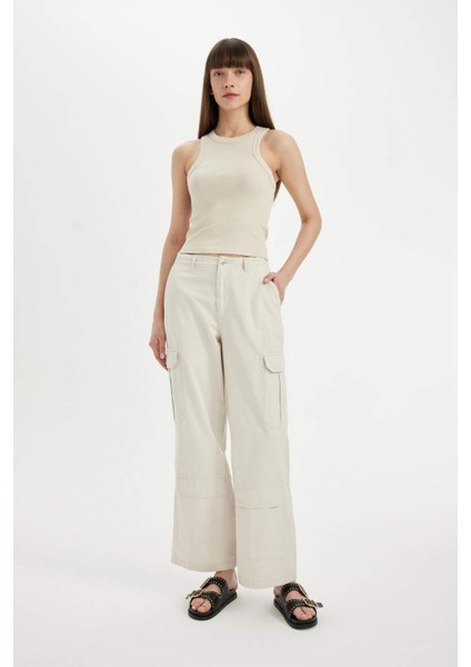 Gabardin Pantolon Wide Leg Geniş Bol Paça Kargo Cepli Normal Bel Basic Düz Standart Boy C5974AX24SP