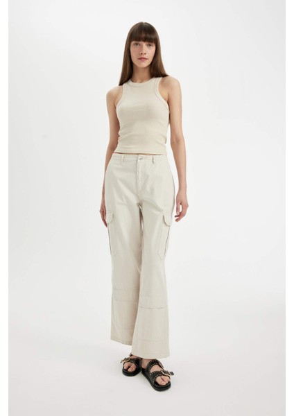 Gabardin Pantolon Wide Leg Geniş Bol Paça Kargo Cepli Normal Bel Basic Düz Standart Boy C5974AX24SP