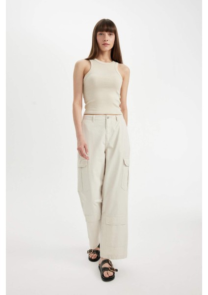 Gabardin Pantolon Wide Leg Geniş Bol Paça Kargo Cepli Normal Bel Basic Düz Standart Boy C5974AX24SP