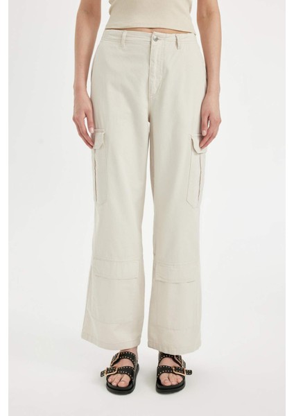 Gabardin Pantolon Wide Leg Geniş Bol Paça Kargo Cepli Normal Bel Basic Düz Standart Boy C5974AX24SP