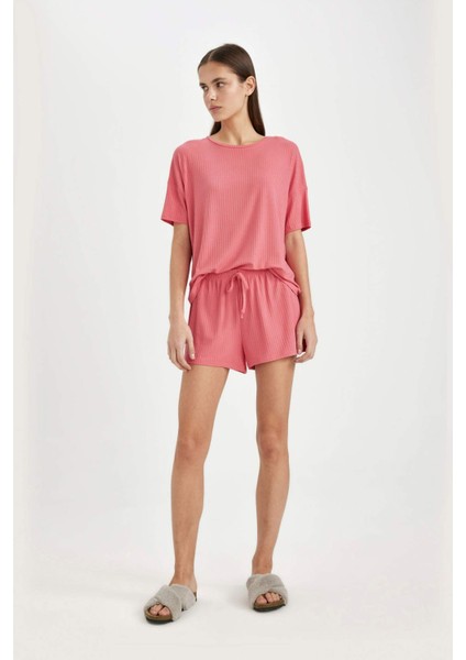 Fall in Love Pijama Takımı Ribana Kısa Kollu Üst Beli Lastikli Şort Alt B8732AX24SM
