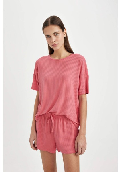 Fall in Love Pijama Takımı Ribana Kısa Kollu Üst Beli Lastikli Şort Alt B8732AX24SM