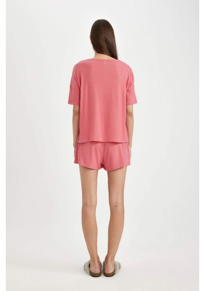 Fall in Love Pijama Takımı Ribana Kısa Kollu Üst Beli Lastikli Şort Alt B8732AX24SM