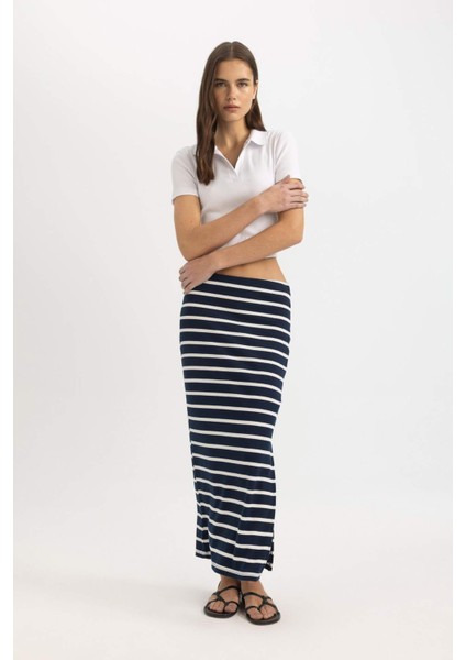 Çizgili Normal Bel Fitilli Kaşkorse Midi Etek