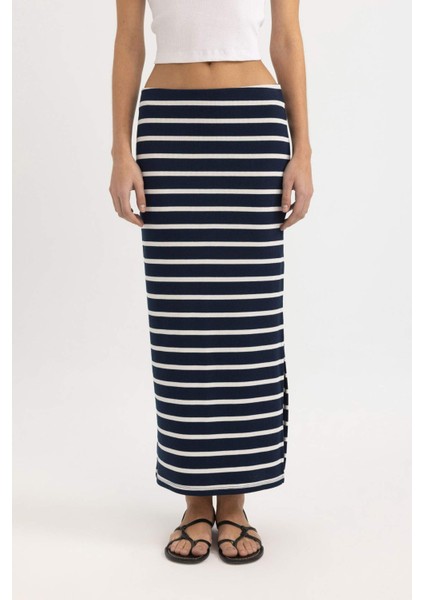 Çizgili Normal Bel Fitilli Kaşkorse Midi Etek