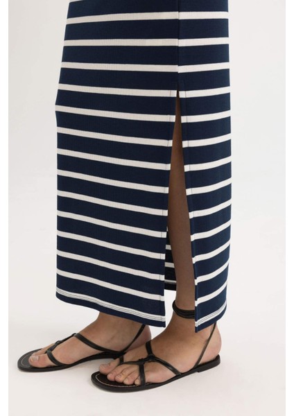 Çizgili Normal Bel Fitilli Kaşkorse Midi Etek