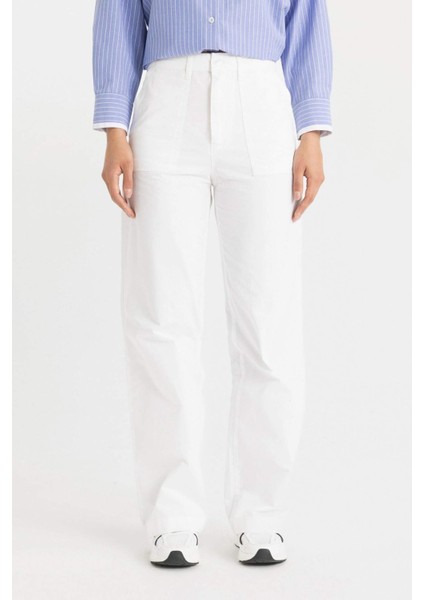 Wide Leg Geniş Bol Paça Cepli Beyaz Basic Düz Gabardin Pantolon C4528AX24SM