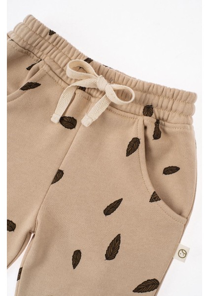 Çocuk Eşofman Takımı Bej Yaprak Organik Pamuk