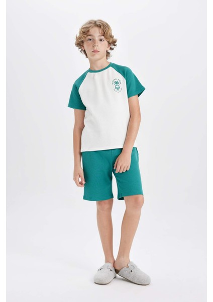 Erkek Çocuk Waffle Pijama Takımı Baskılı Kısa Kollu Üst Şort C5501A824SM