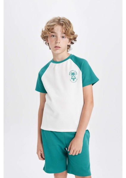 Erkek Çocuk Waffle Pijama Takımı Baskılı Kısa Kollu Üst Şort C5501A824SM